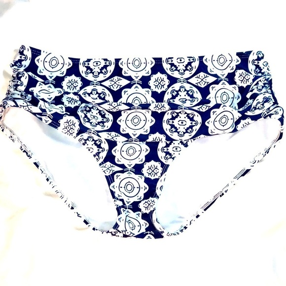 Bikini Bottom Ruched Navy Blue and White Design Large - Picture 1 of 4